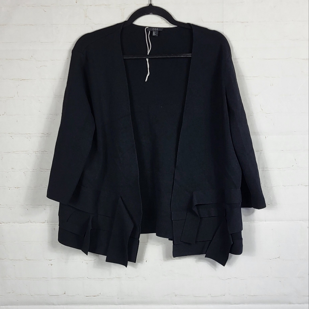 COS Women's Workwear 3/4 Sleeves Open Front Rib Knit Cardigan in Black Medium